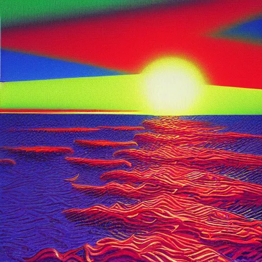 Prompt: A mediterranean sunset in vaporwave colors by max ernst high detail