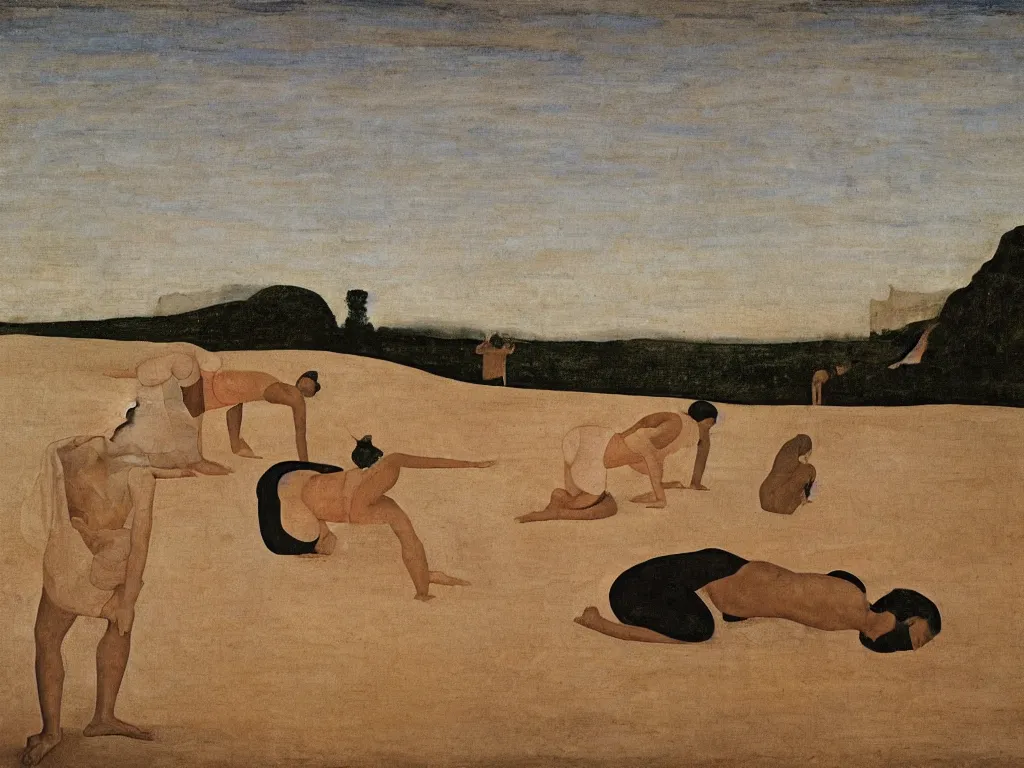 Image similar to Woman and man doing yoga in the sand, mud. Dark gradient sky. Landscape sculpted by Henri Moore. Painting by Piero della Francesca, Morandi, Balthus