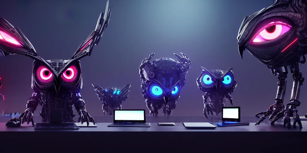 Image similar to an giant evil, malevolent, cyborg owls looking at a computer, surrounded by computer screens. this 4 k hd image is trending on artstation, featured on behance, well - rendered, extra crisp, features intricate detail and the style of unreal engine. volumetric lighting octane render