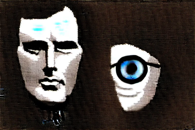 Image similar to the six million dollar man with the bionic eye, a portrait image at moma museum, hard lighting, stipple brush technique