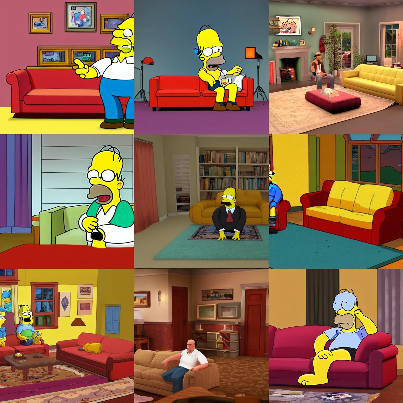 Prompt: <photo hd sitcom lighting=great mode=reality3d>Homer Simpson sits on his couch</photo>