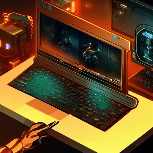 Image similar to realistic man using laptop in gaming room, artstation trends, cyberpunk concept art, highly detailed, intricate, sharp focus, digital art, 8 k