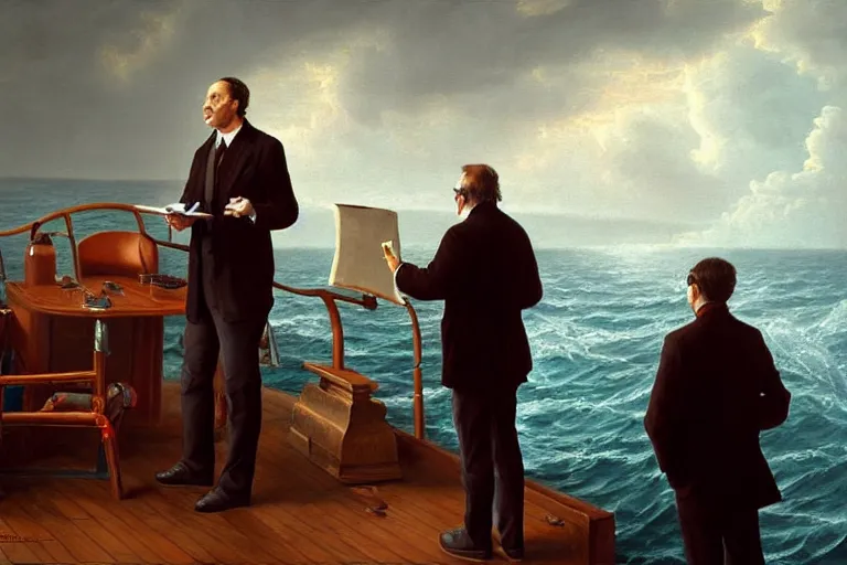 Prompt: ( ( a beautiful 8 k photorealistic masterpiece oil painting ) ( of ( a man lecturing on navigation while the ship is sinking ) ) ( hyperrealism ) ( 1 6 k ) ( trending on artstation )