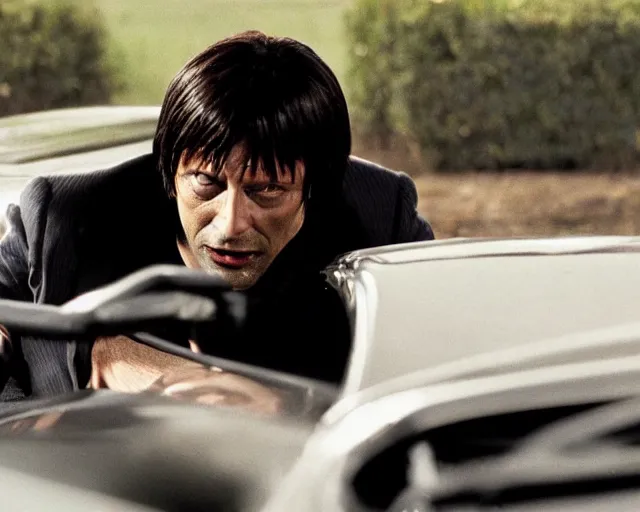 Image similar to Mads Mikkelsen as Vincent Vega in Pulp Fiction car scene movie