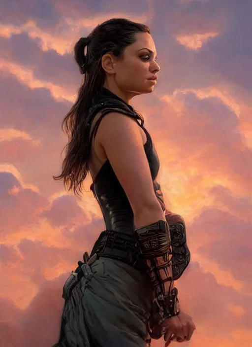 Image similar to epic portrait of Mila Kunis wearing black choker, a very strong muscled Amazon heroine, sun beams across sky, pink golden hour, intricate, elegance, highly detailed, shallow depth of field, epic vista, concept art, art by Artgerm and Donato Giancola, Joseph Christian Leyendecker