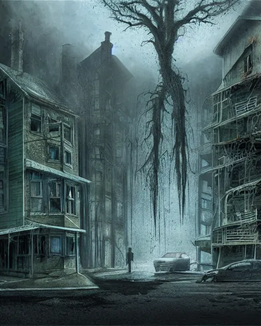 Image similar to concept illustration from the'0 0 s supernatural thriller'old as the water ', a high quality high detail digital matte painting by david mattingly and samuel araya and tony diterlizzi and michael whelan, hd 4 k 8 k, realistic hyperdetailed scene painting, photorealistic lighting, urban horror aesthetic, composition and scene layout inspired by gregory crewdson and brendon burton.