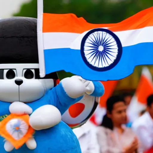 Prompt: doraemon holding a Indian flag