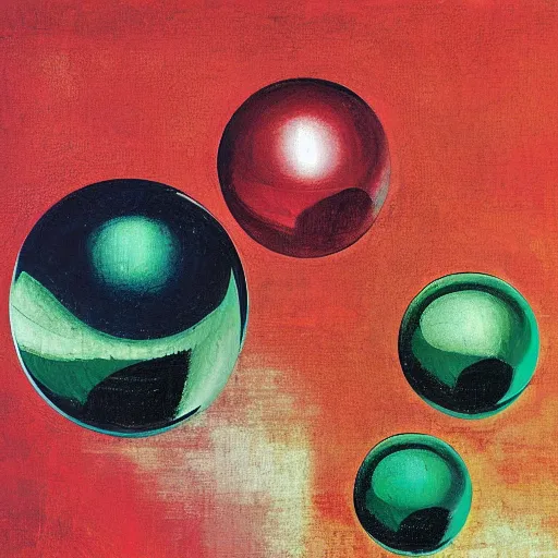 Prompt: chrome spheres on a red cube by sandro botticelli