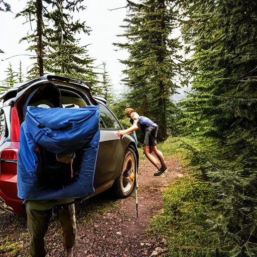 Prompt: hiker unloading the car before camping, style by etienne hebinger