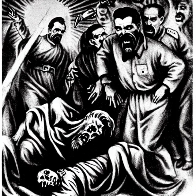 Image similar to orthodox horror icon of stalin being tortured in hell