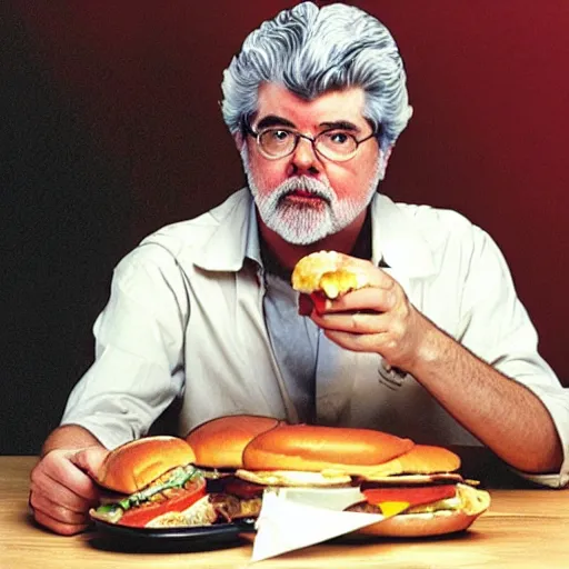 Prompt: George Lucas eating a hamburger