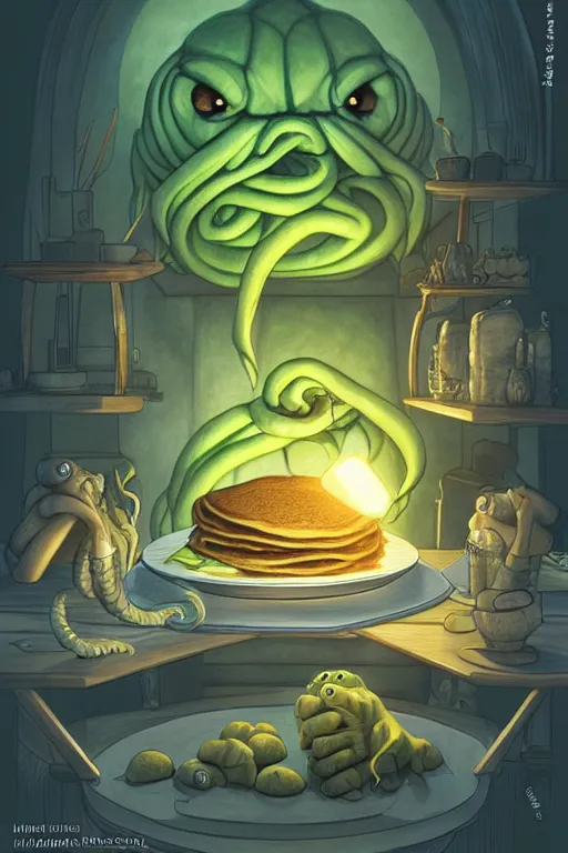 Image similar to cthulhu making pancakes, animation pixar style, by pendleton ward, magali villeneuve, artgerm, rob rey and kentaro miura style, golden ratio, trending on art station