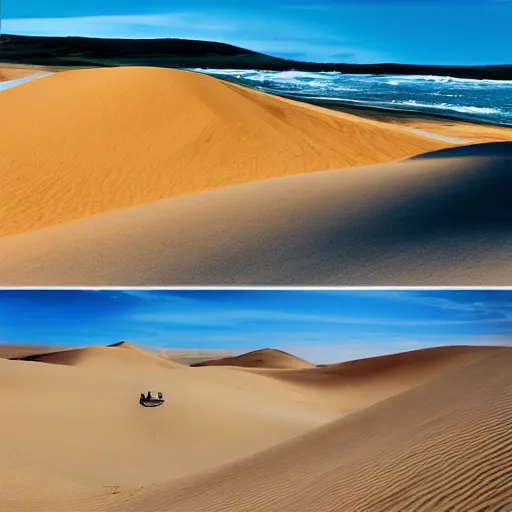 Image similar to sandboarding sandhills and seascape hokianga, cinematic composition, wide shot, digital art