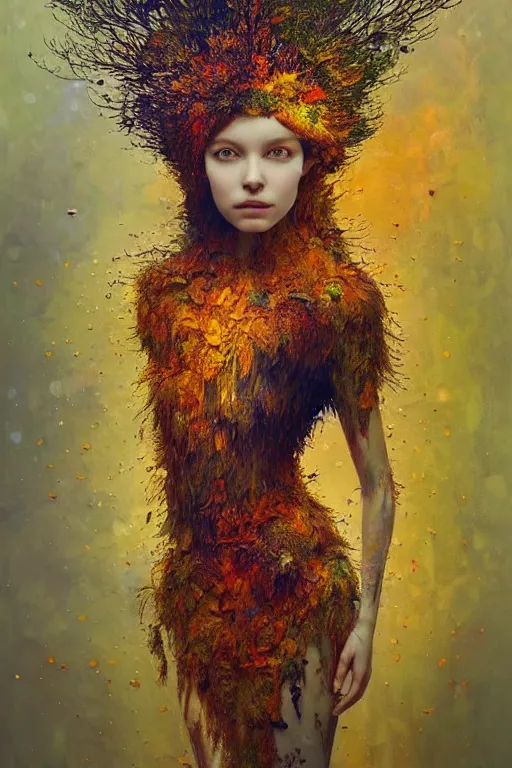 Prompt: full body shot portrait of beautiful girl by irakli nadar with intricate detailed color smashing fluid oil paint and acrylic, dried moss and dried autumn leaves headdress, melting wax, mycelia, abstract impressionism, ruan jia, fantasy, hyper detailed, concept art, by gustav klimt,