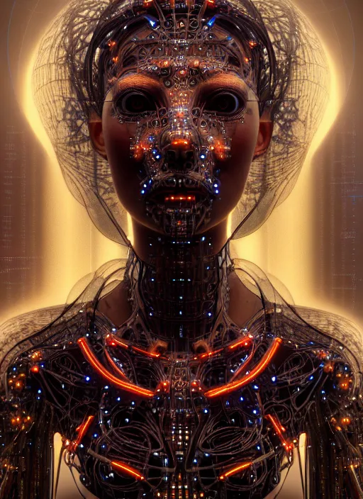 Image similar to timeless cybernetic deity girl with circuitry skin and networked mind tripping on acid, intricate detail, royo, whealan, giger, klimt, hd, octane render, unreal engine,