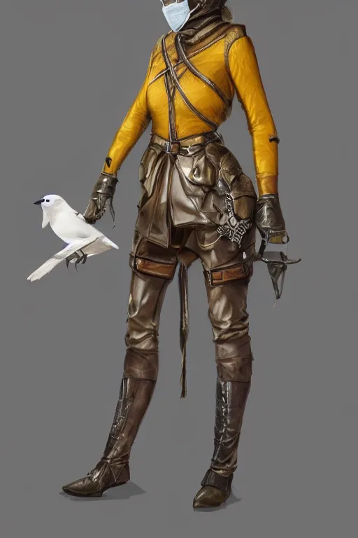 Prompt: female adventurer in tight full - body canary color gambeson leather armor of italian design with diamond pattern and a white porcelain crow mask, trending in artstation, establishing shot