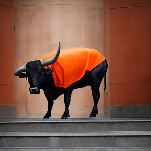 Image similar to bull in a bullring wearing orange inmate clothes