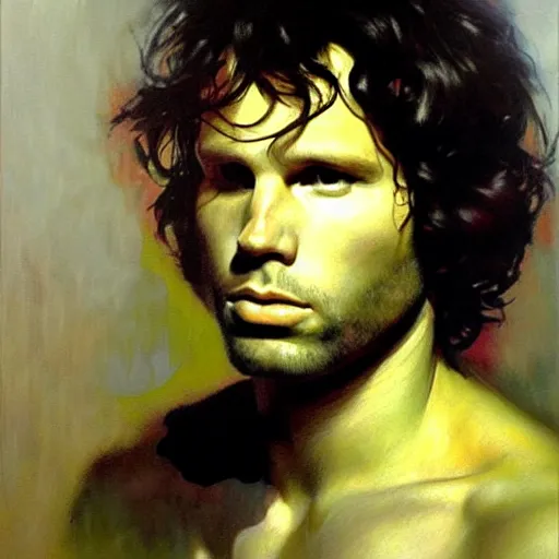 Image similar to portrait of jim morrison, detailed face, detailed painting, epic lighting, by ilya repin, phil hale and kent williams