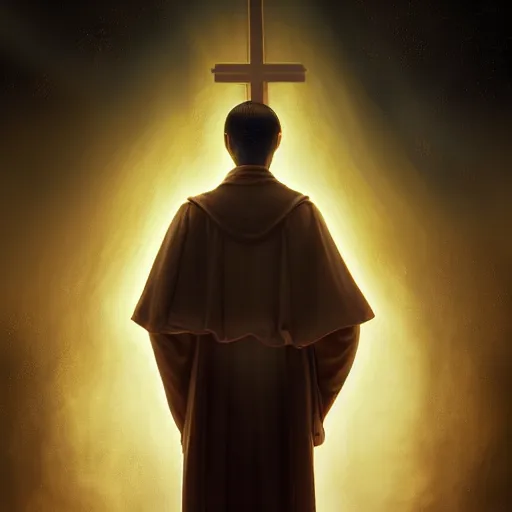 Image similar to Close up of a young, thin and stern catholic priest in his thirties fervently praying as he is about to die from the ominous terrifying Lovecraftian yellow shadow descending upon him from the night sky. Low angle, dramatic lighting. Award-winning digital art, trending on ArtStation