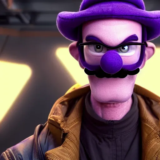 Image similar to dramatic cyberpunk waluigi portrait film still from the movie directed by Denis Villeneuve 8k high def realistic photo