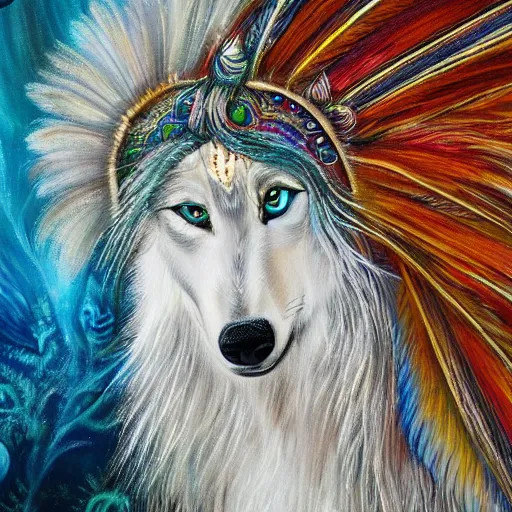 Prompt: beautiful white wolf with long flowing fur and mane and tail made of peacock feathers detailed painting in the style of josephine wall 4 k