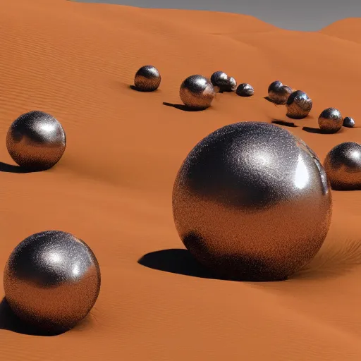 Image similar to army of metallic spheres in desert, raytracing, 5 5 mm