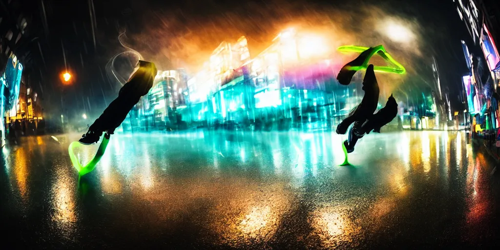 Prompt: fisheye lens slow motion with trail effect of futuristic break dancer wearing floating long dress with neon lights, long exposure shot , at night in the middle of a rainy wet street, paddle of water, steam, fog, water splashes, rim lights, glossy reflections, water droplets on lens, octane render, dark and dramatic, fire explosions in the background, detailed and soft, fisheye lens, smooth, sharp focus, illustration, art by artgerm and greg rutkowski and Annie Leibovitz, graphic glitches