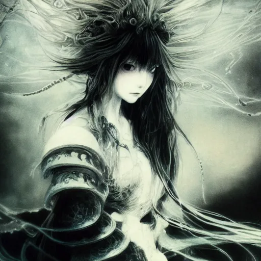 Image similar to Yoshitaka Amano blurred and dreamy illustration of an anime girl with wavy white hair and cracks on her face wearing Elden ring armour with the cape fluttering in the wind, abstract black and white patterns on the background, noisy film grain effect, highly detailed, Renaissance oil painting, weird portrait angle