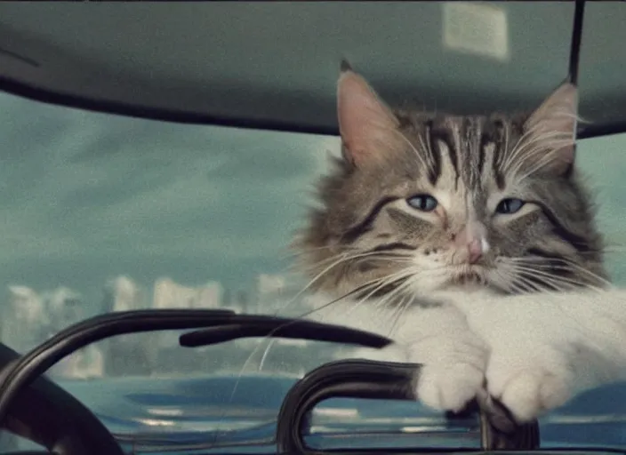 Image similar to A very high resolution image from a new movie, a cat driging around, inside of a car , mountains, Polaroid, directed by wes anderson