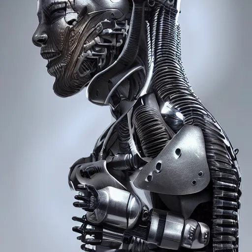 Prompt: A ultra detailed illustration of a female cyborg, by HR Giger, trending on ArtStation, octane render, volumetric lighting