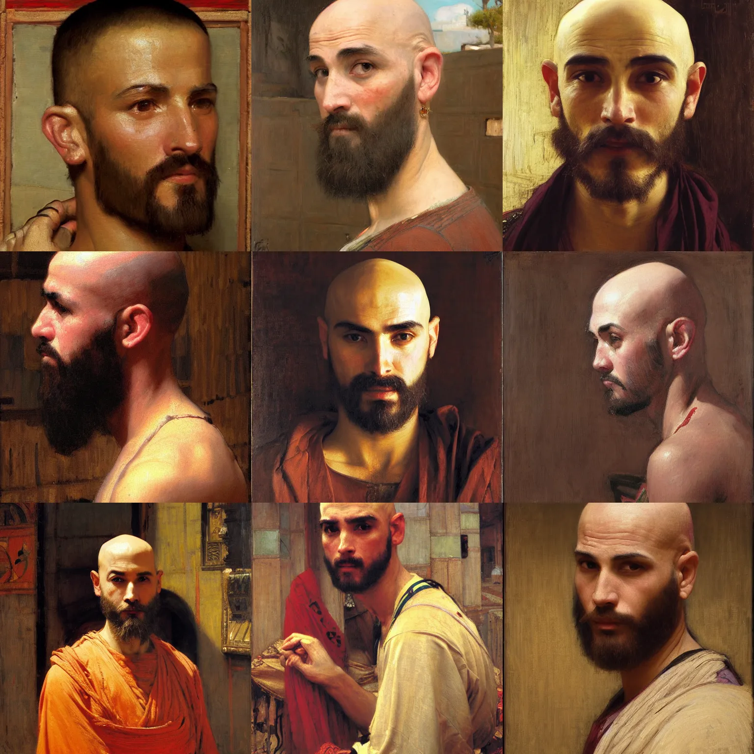 Prompt: orientalist painting of a bald man with a square jaw intricate portrait by john william waterhouse and Edwin Longsden Long and Theodore Ralli and Nasreddine Dinet, oil on canvas. Cinematic, hyper realism, dramatic lighting, high detail 8k