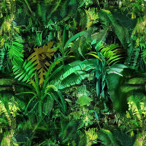 Prompt: « scientists lost, jungle, luminescent plants, dark green »