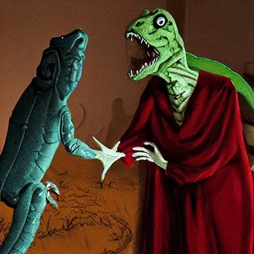 Image similar to A scary lizard person shaking hands with a religious icon, horror