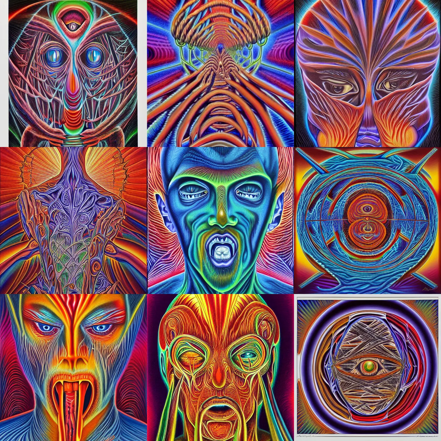 Prompt: an abstract painting of fear by Alex Grey, highly detailed