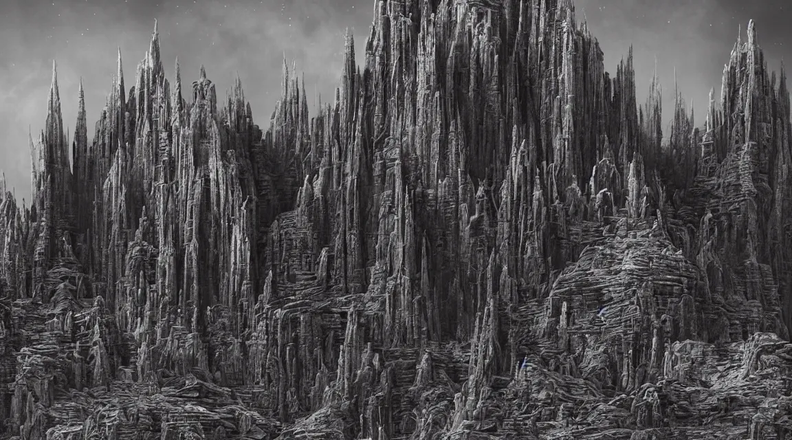 Image similar to stunning large format photograph, beautiful cinematic perspective of an incredible ultra detailed architectural masterpiece towering alien castle on a craggy grey moon inspired by moebius, strange gigantic mesas, distant mountains, soft black psychedelic haze in the sky, photographed in the style of denis villeneuve and greig fraser, Arri Alexa LF, crisp detailed ground, soft sky, visual effects and composite by ILM, 10k with IMAX