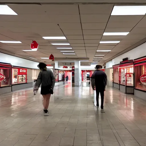 Prompt: endless kfc, backrooms, liminal space, empty shopping mall, analog horror