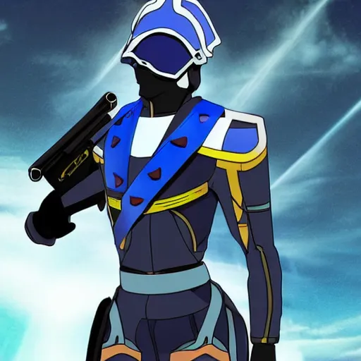 Image similar to a futuristic soldier captain with a metal visor and a blue shoulderpad in anime style