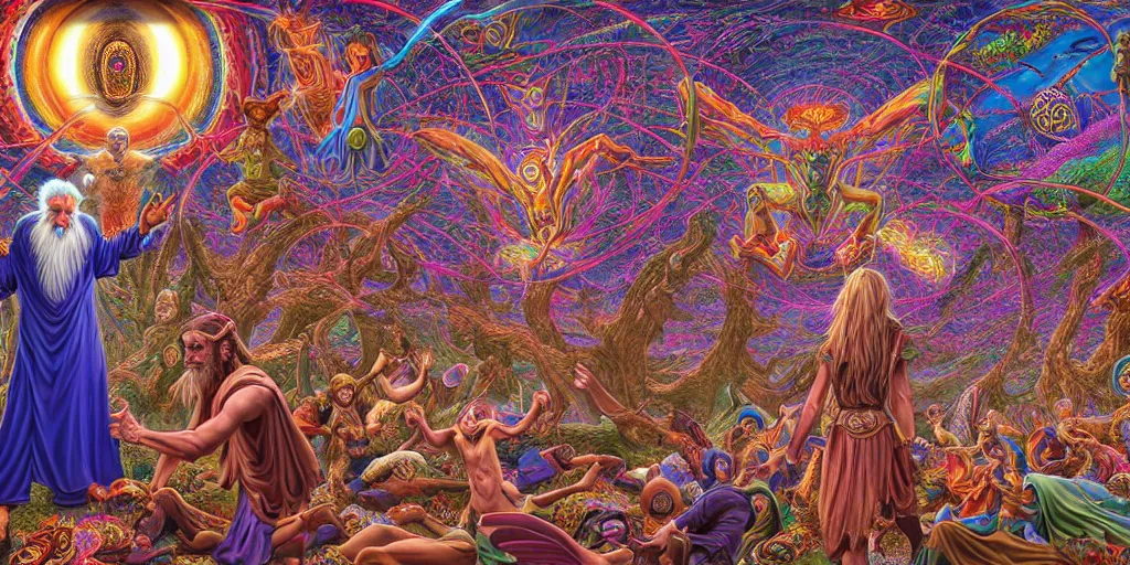 Image similar to hyper detailed portrait of a dmt spirit guide greeting a lost psychonaught, friendly dmt time elves, cathedral background, masterpiece composition, 8 k resolution, ultra fine illustration, tokio aoyama, alex grey, todd schorr, highly detailed,