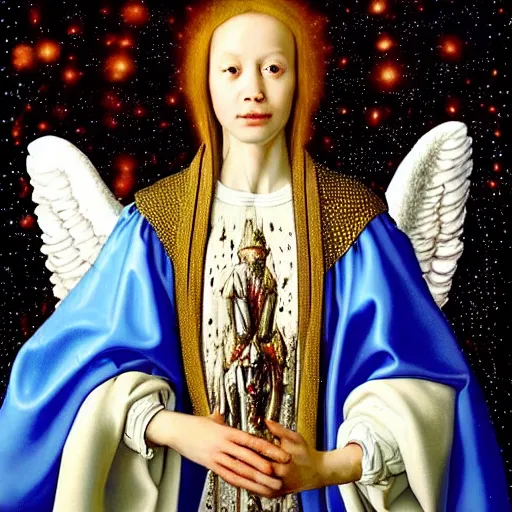 Prompt: highdetailed hyperrealistic painting of white angel!!! no gender!!!, giant ball of miracle light from the chest!!!!!, white sparkles everywhere, lot of fire and stars overhead!!!, by jan van eyck, holography space, glow effect, large strokes, soft and clean, bright white color