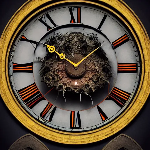 Image similar to a beautiful detailed 3 d matte portrait of a clock made from rodents, ominous, magical realism, texture, intricate, whirling smoke radiant colors, fantasy, volumetric lighting, high details