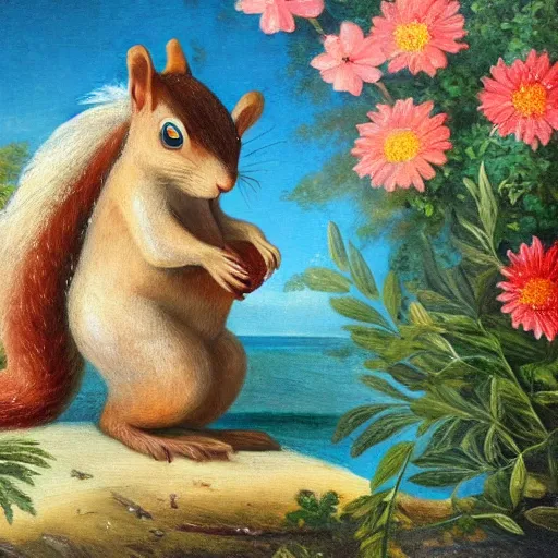 Prompt: a giant squirrel carrying napoleon!!! on its back, beach scene with flowers and foliage, detailed oil painting