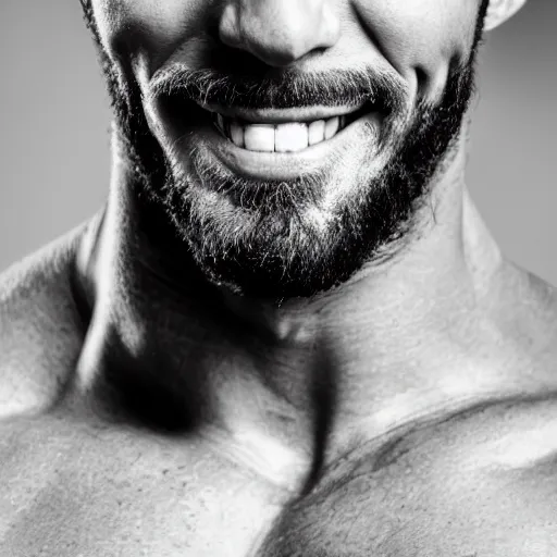 Image similar to Black and white photography of a very muscular man smiling with a chiseled jawline and trimmed beard