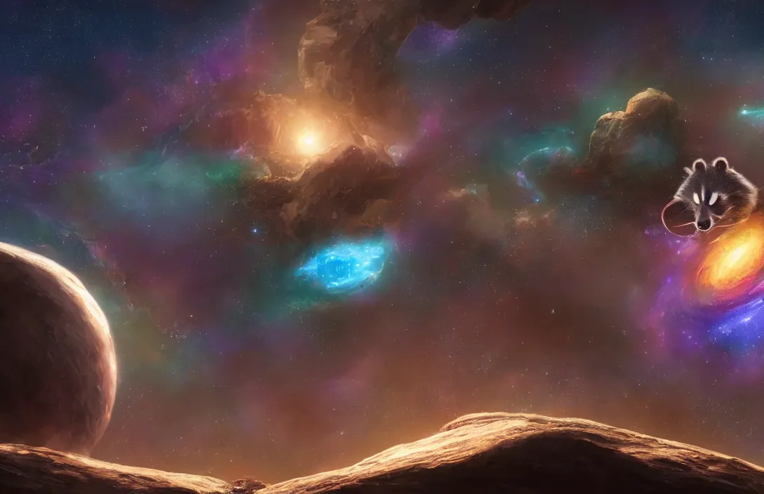 Image similar to A digital concept art painting a space cosmic racoon in the stars 4K UHD image, unreal engine