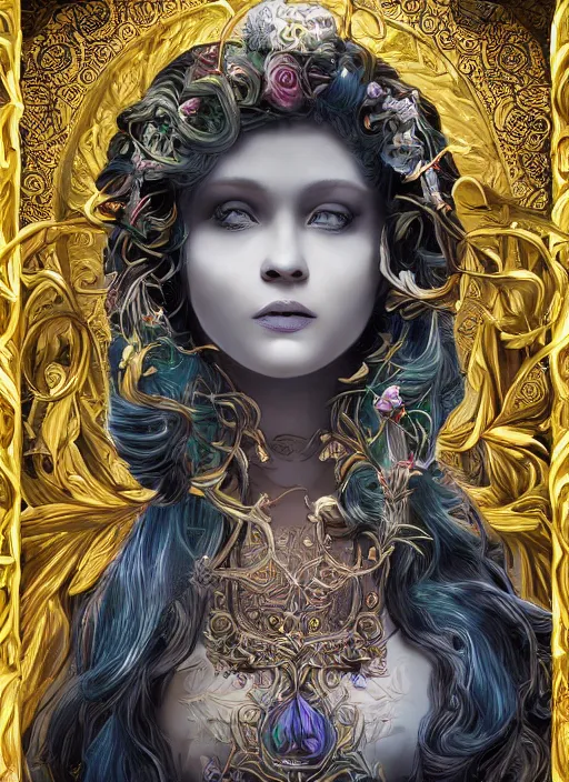 Image similar to professionally-made ultradetailed ornate award winning masterpiece RPG character portrait of beautiful symmetrical Medusa radiating glowing aura, fully clothed with an art nouveau flowery dress, digital airbrush painting, 3d rim light, hyperrealistic, artstation, cgsociety, kodakchrome, golden ratio, 1985