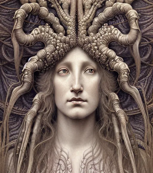 Prompt: detailed realistic beautiful horned goddess face portrait by jean delville, gustave dore, iris van herpen and marco mazzoni, art forms of nature by ernst haeckel, art nouveau, symbolist, visionary, gothic, neo - gothic, pre - raphaelite, fractal lace, intricate alien botanicals, biodiversity, surreality, hyperdetailed ultrasharp octane render