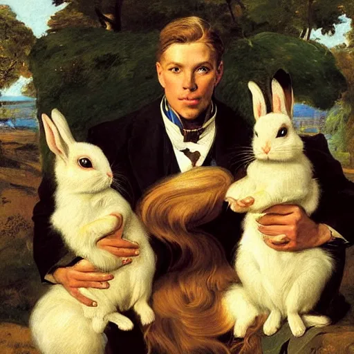 Image similar to a beautiful portrait of a family of bunnies with long golden blond hair gazing warmly at the viewer, golden hour, by J.C Leyendecker and Peter Paul Rubens