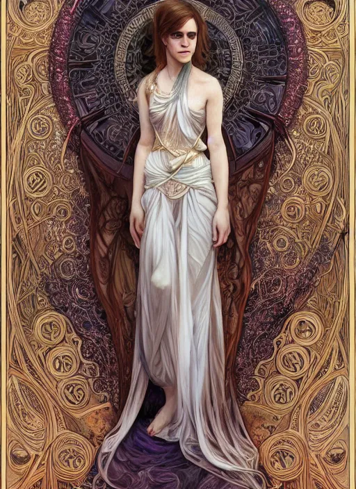 Image similar to Emma Watson as Driada, full body shot, cute, fantasy, intricate, elegant, highly detailed, digital painting, 4k, HDR, concept art, smooth, sharp focus, illustration, art by alphonse mucha,artgerm, H R Giger