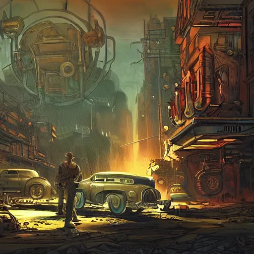 Image similar to fallout 5, concept art drawings of the opening scene, storyboard, concept art, comic style, atmospheric lighting, painted, intricate, volumetric lighting, beautiful, rich deep colours masterpiece, sharp focus, ultra detailed by jack kirby, ignacio fernandez rios, thierry doizon