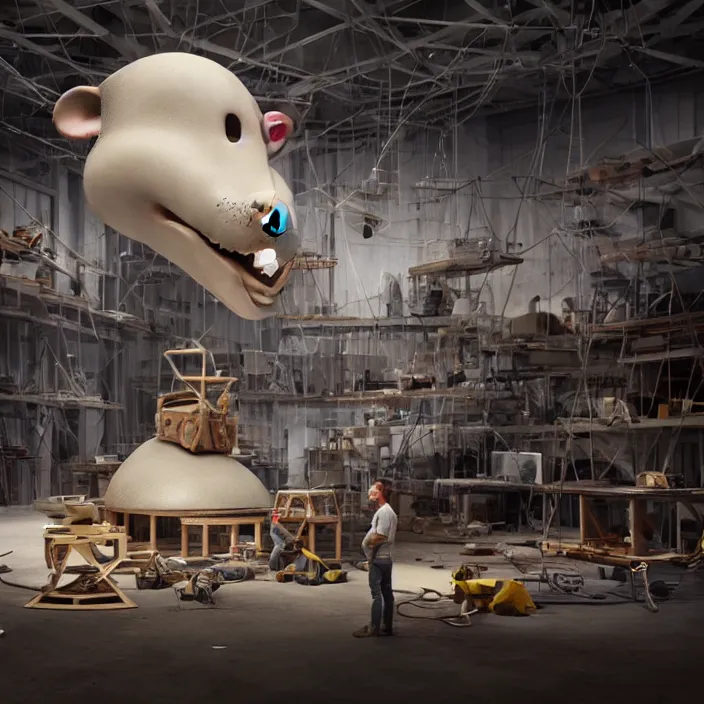 Image similar to crew of humans building giant mouse head in workshop, octane render, 4 k ultra hd, hyper - detailed, realistic, sharp focus, in style of beeple