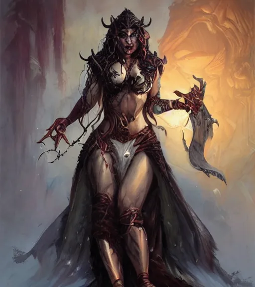Image similar to a concept art painting of a evil female half - orc sorceress, art by karol bak and mark brooks and artgerm, centered, trending on artstation